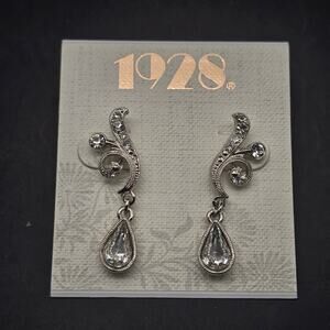 1928 Brand Rhinestone Silver Tone Earrings On Card NOS